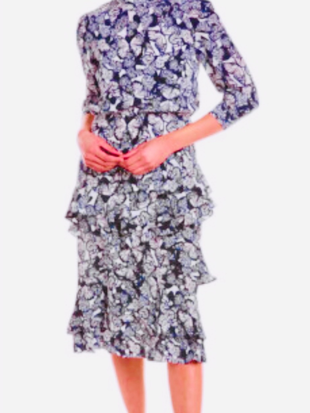 Tyler Boe Elise Silk Midi Dress BLUE & WHITE Butterfly Ruffle L/S